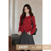 韩系气质上衣绝美慵懒高级感红色拼接开衫 夕蒙2025新款 冬季 毛衣女
