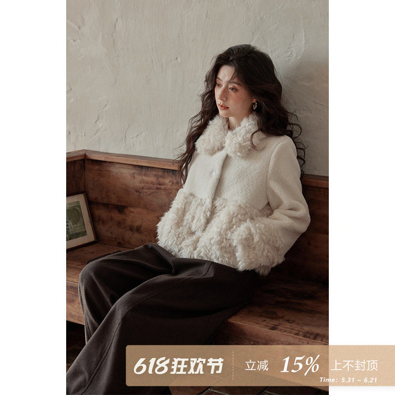 夕蒙2026新款冬季设计感小众高级感小个子羊羔毛毛领毛绒白色外套