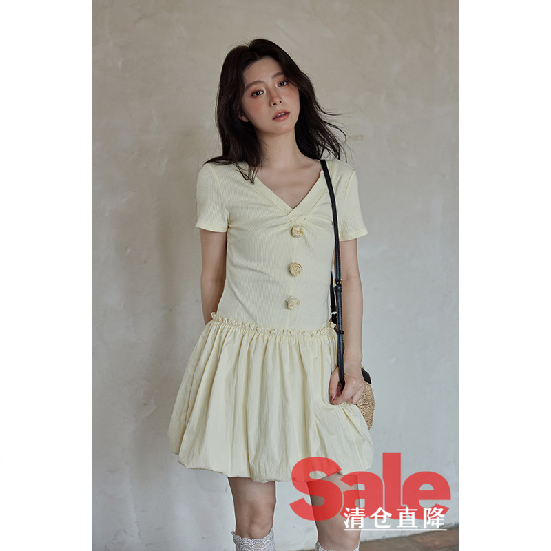 【清仓秒杀】夏韩系气质裙子设计感小众小个子独特黄色短袖连衣裙