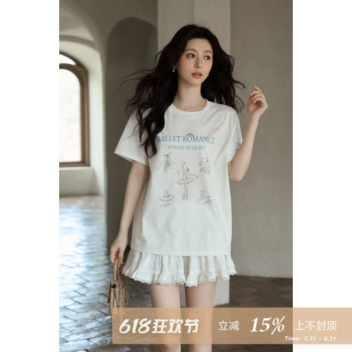 夕蒙2026新款夏季韩系小众设计感上衣宽松白色印花圆领短袖t恤女