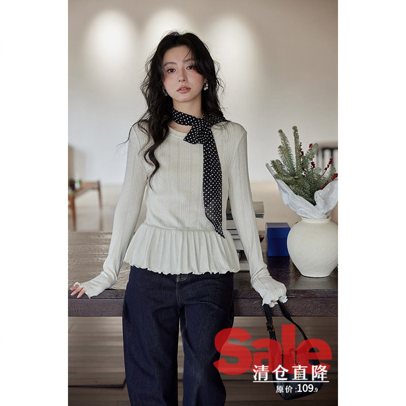 【清仓秒杀】春秋韩系打底衫设计感上衣修身小个子小众荷叶边t恤