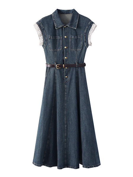 Model wearing a sleeveless denim dress with a belt and lace-trimmed sleeves