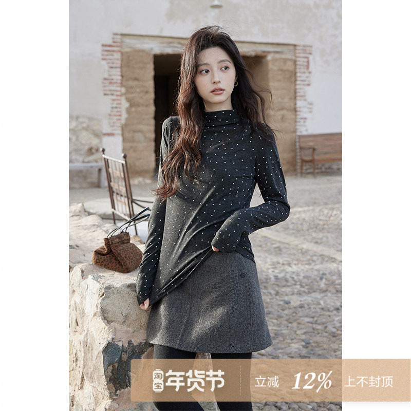 夕蒙2025新款冬季绝美内搭打底衫上衣高级感可外穿半高领波点t恤