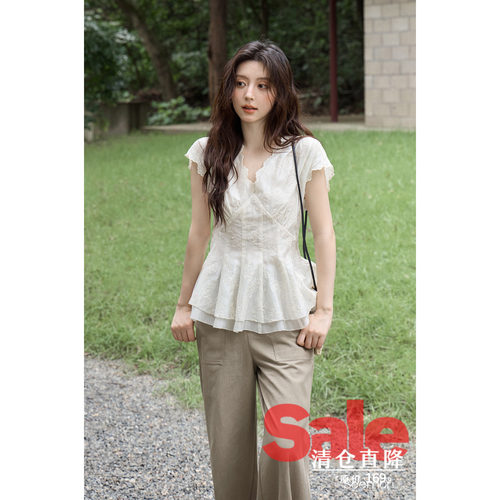 【夏末清仓】夏季韩系好看花苞上衣别致设计感收腰v领提花小衫女