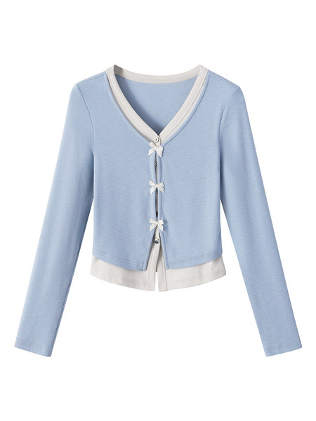 Light blue long-sleeve cardigan with white trim and bow closures on a white background