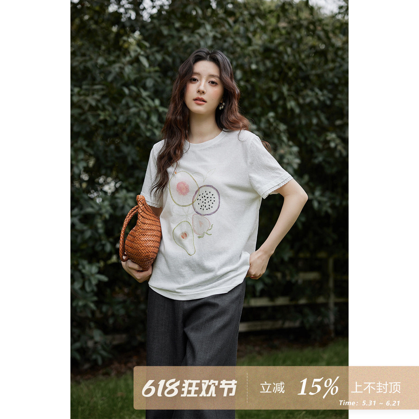 夕蒙2026新款春夏韩系气质好看时尚上衣白色水果印花正肩短袖t恤