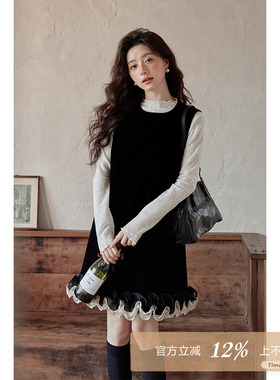 夕蒙2026新款春季韩系气质裙子高级感独特漂亮丝绒黑色背心连衣裙