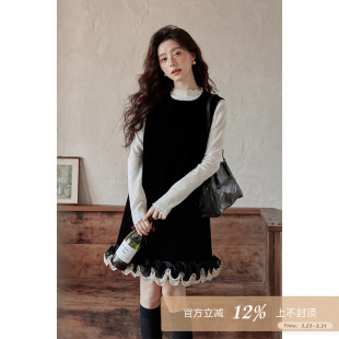 夕蒙2026新款 韩系气质裙子高级感独特漂亮丝绒黑色背心连衣裙 春季