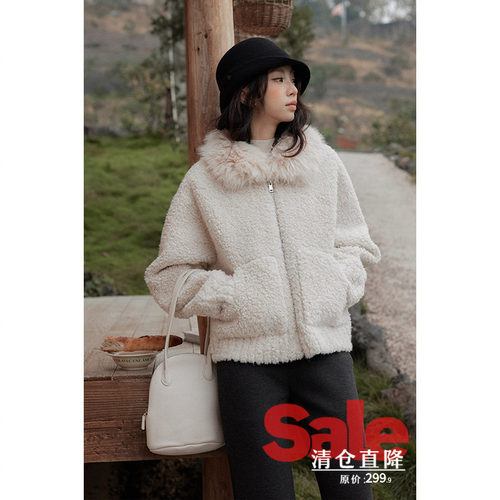 【清仓秒杀】冬季韩系巨好看气质羊羔毛独特小个子白色毛领外套女