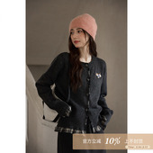 夕蒙2025新款 女 秋冬韩系上衣小个子慵懒高级感深花灰拼接毛衣开衫