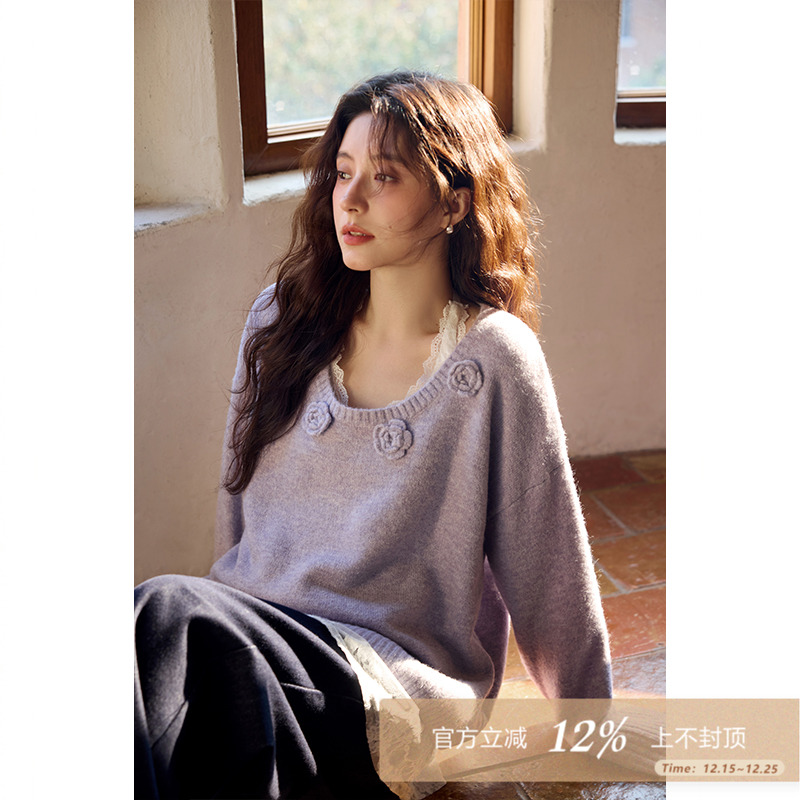 夕蒙2025新款秋冬韩系设计感上衣小众宽松慵懒高级感紫色花朵毛衣
