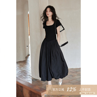 u领赫本风茶歇连衣裙女 黑色短袖 夕蒙2026夏季 小个子收腰法式