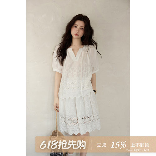 夕蒙2026新款夏季韩系设计感上衣小众重工刺绣白色镂空短袖衬衫女