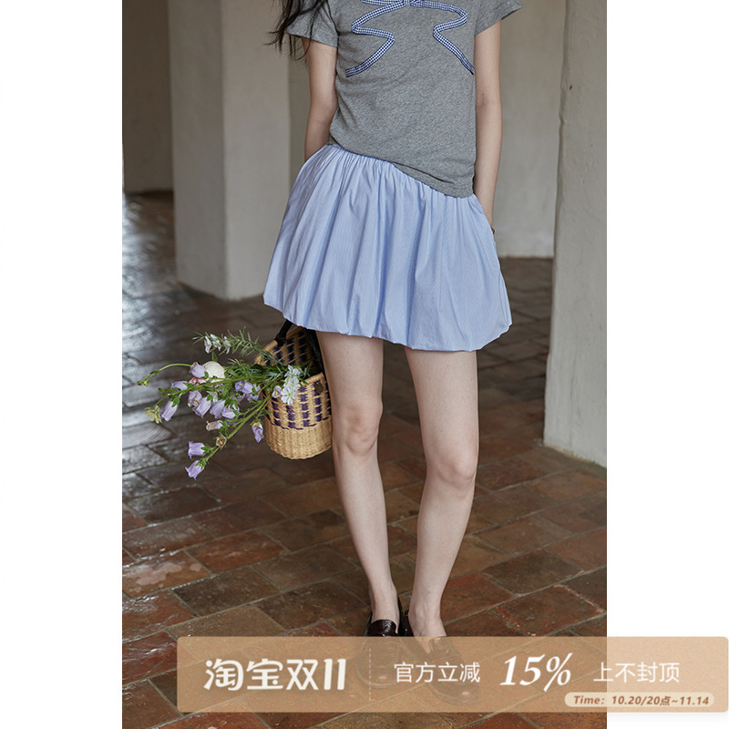 95折/夕蒙2025夏蓝色法式休闲短款设计感小众高腰显瘦a字半身裙女