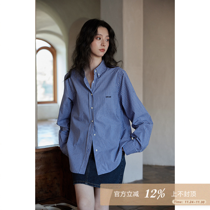 夕蒙2025春秋季长袖气质上衣外套高级感宽松小个子蓝色格子衬衫女