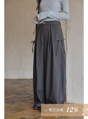 夕蒙2026新款春夏韩系气质裤子蝴蝶结慵懒高级小众灰色阔腿休闲裤