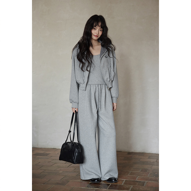 夕蒙2025新款秋韩系气质小众流行独特别致灰色外套吊带裤子三件套