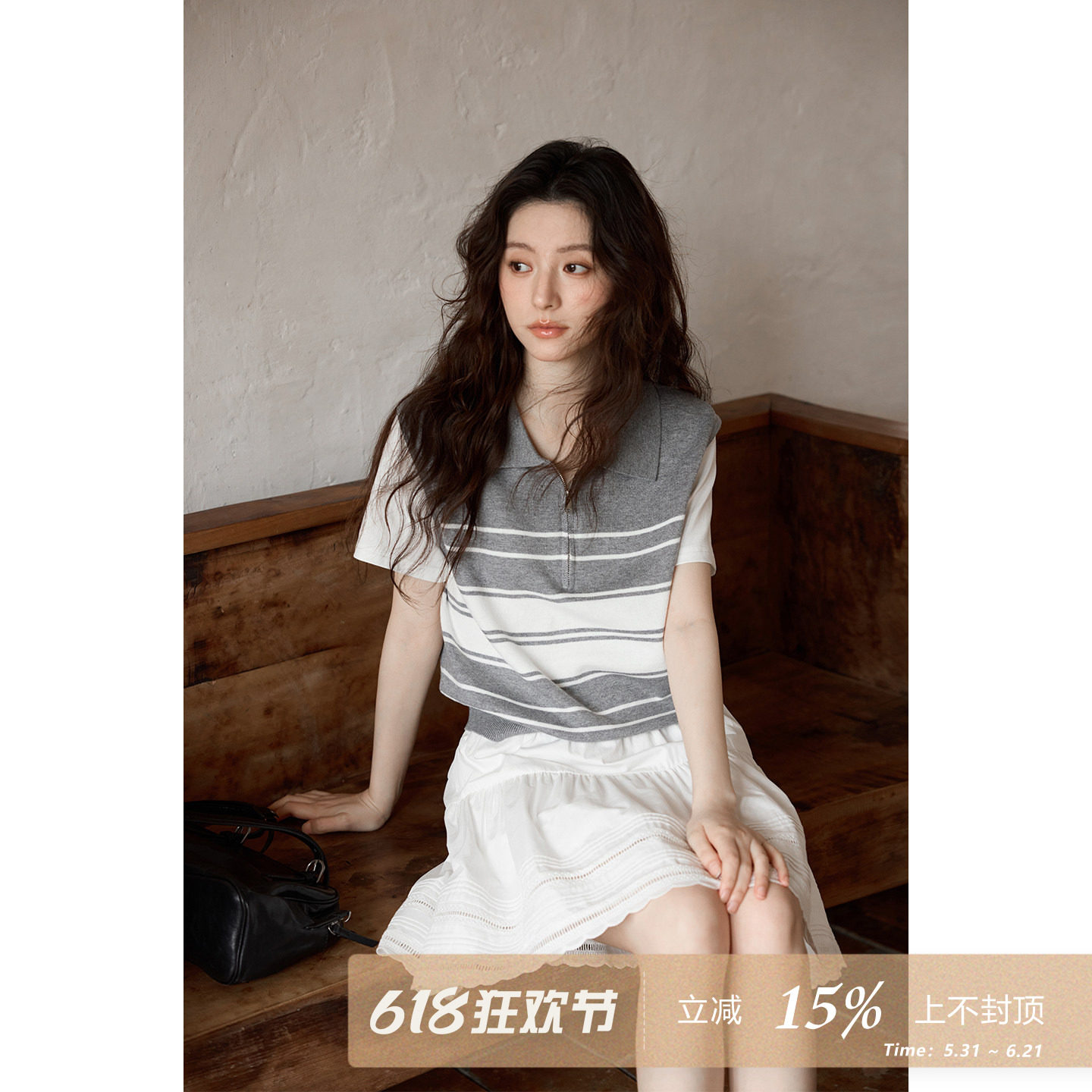 夕蒙2026新款春季韩系气质上衣小众假两件半拉链灰白条纹针织衫女
