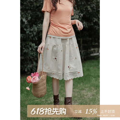 夕蒙2026新款春夏韩系气质好看裙子小个子花边碎花刺绣a字半身裙