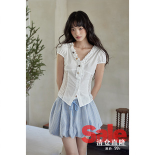 衬衫 上衣设计感小众小个子白色v领短袖 夏气质短款 女 清仓秒杀