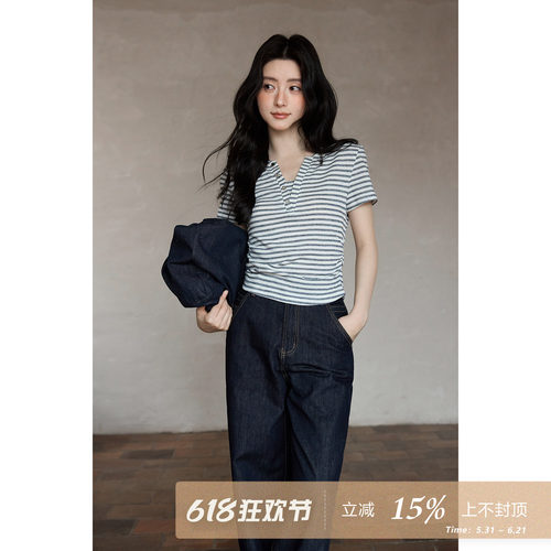 夕蒙2026新款春夏韩系独特小上衣条纹v领掐腰显瘦短款正肩短袖t恤
