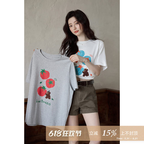 夕蒙2026新款夏季韩系休闲好看上衣慵懒白色圆领番茄印花短袖t恤