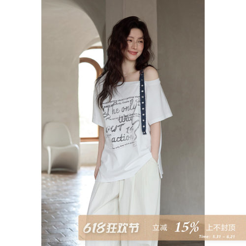 夕蒙2026新款夏季韩系好看上衣慵懒露肩宽松白色印花斜肩短袖t恤