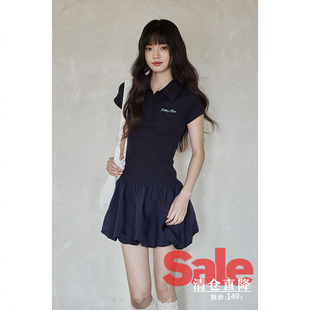 小个子气质Polo领刺绣藏蓝连衣裙 夏韩系小众收腰修身 清仓秒杀