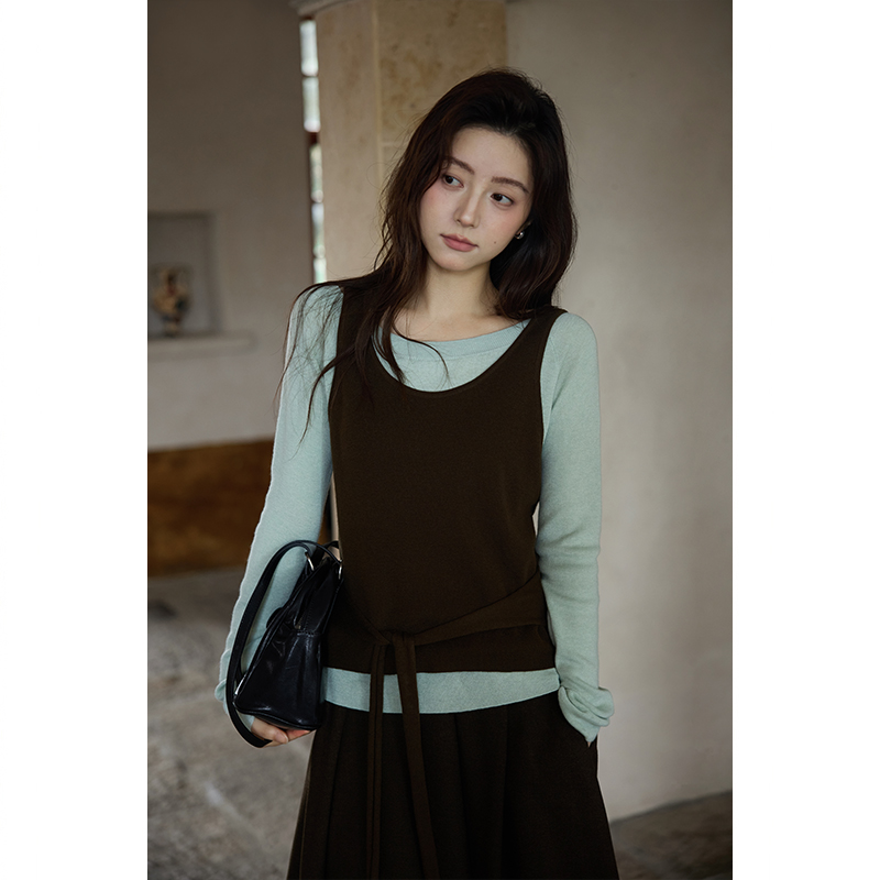 夕蒙2025新款秋韩系时尚洋气上衣修身小众氛围感独特假两件针织衫