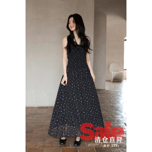 【清仓秒杀】春夏韩系气质裙子修身黑色长款碎花雪纺吊带连衣裙女