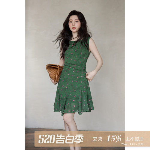 夕蒙2026新款夏季韩系好看裙子绿色掐腰碎花褶皱无袖背心连衣裙女