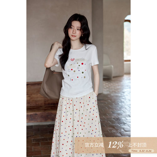 夕蒙2026新款夏季韩系好看上衣原创设计感白色波点正肩短袖t恤女