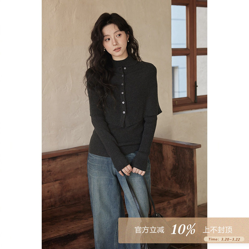 夕蒙2025新款冬季韩系针织衫设计感上高级感深灰毛衣披肩两件套女