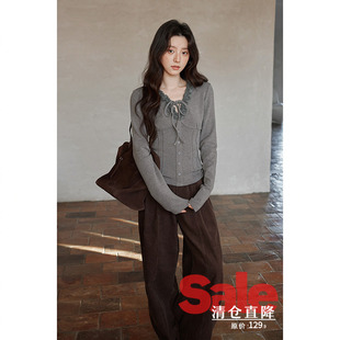 韩系气质上衣小众蕾丝拼接v领灰色系带长袖 冬季 t恤 清仓秒杀