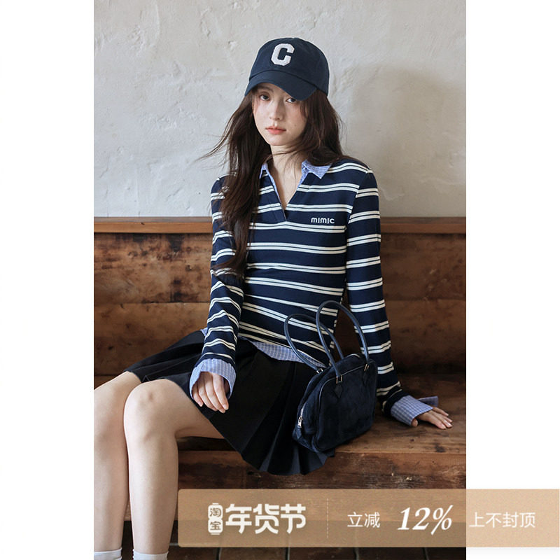 夕蒙2026新款春秋韩系气质上衣小个子设计感假两件条纹长袖t恤女