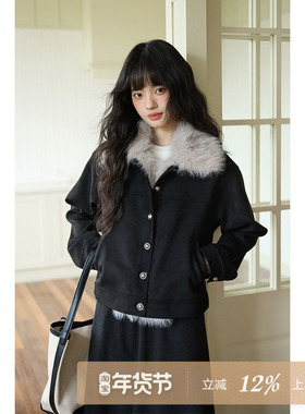 夕蒙2025新款冬季韩系独特漂亮巨好看小个子加绒高级黑色麂皮外套