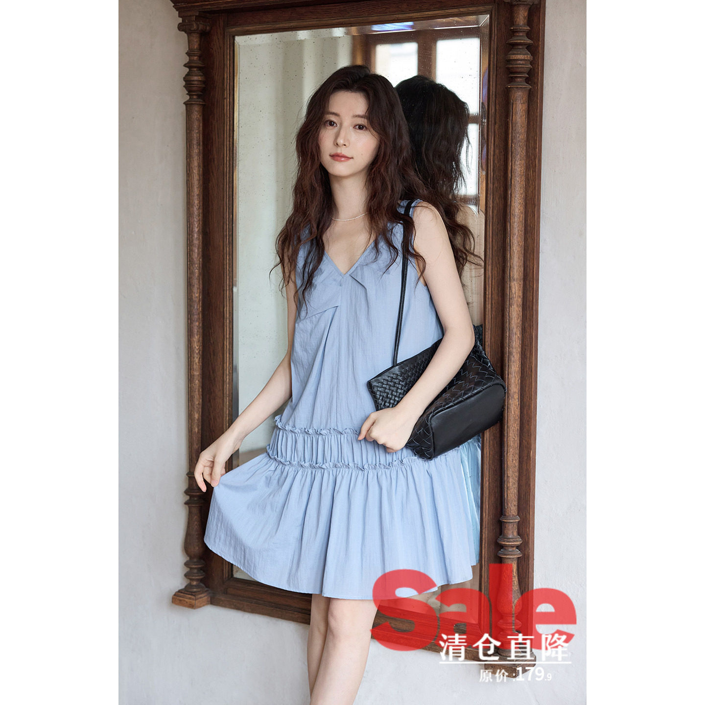 【夏末清仓】夏季韩系气质裙子不规则短款蓝色a字无袖背心连衣裙图片