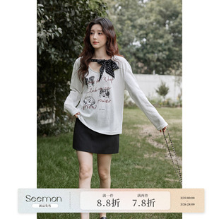 t恤 早春韩系chic气质上衣蝴蝶结小狗印花白色u领长袖 夕蒙新品