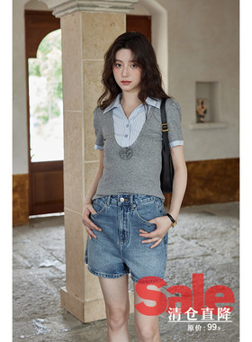 【清仓秒杀】夕蒙2025新款夏季短袖上衣灰色短款假两件T恤女设计