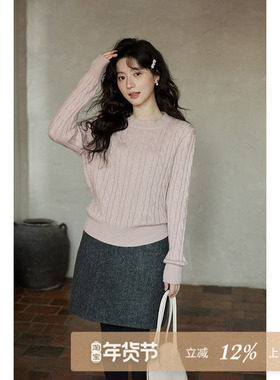 夕蒙2025新款冬季韩系针织衫上衣小个子独特小众粉色麻花套头毛衣
