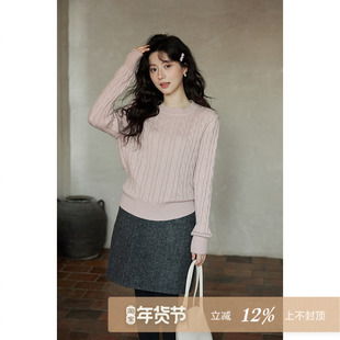 夕蒙2025新款冬季韩系针织衫上衣小个子独特小众粉色麻花套头毛衣