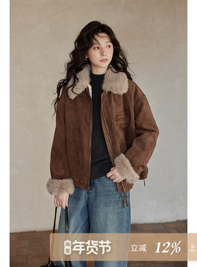 夕蒙2025新款冬季韩系巨好看小个子减龄独特流行咖色麂皮绒厚外套