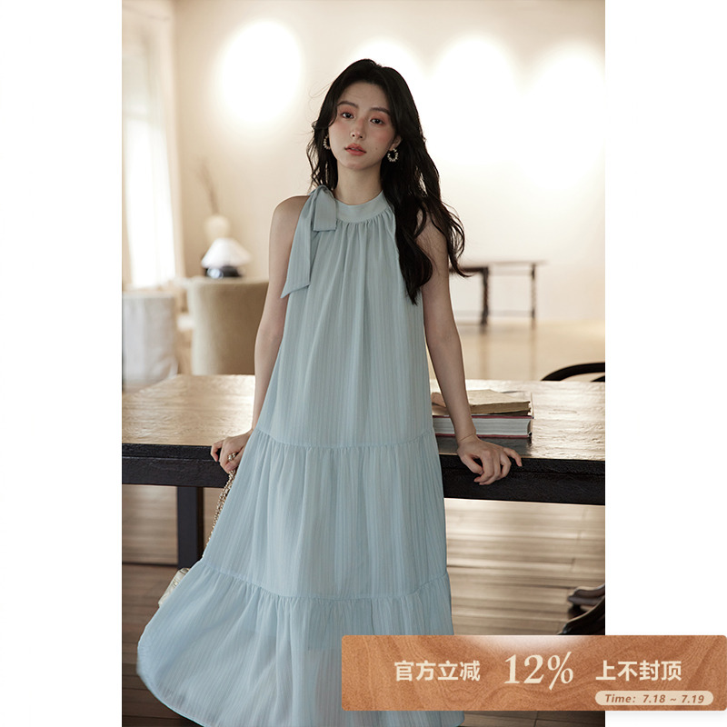95折/夕蒙2025夏小个子蓝色气质无袖挂脖背心连衣裙女度假风长裙