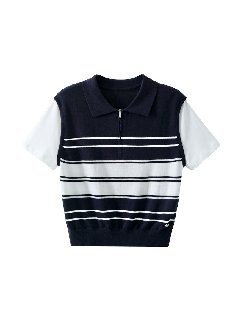 Navy and white striped short-sleeve polo shirt on white background