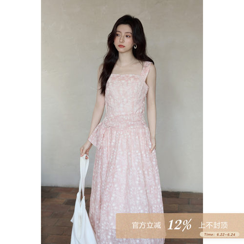 夕蒙2026新款夏季韩系独特漂亮裙子粉色碎花收腰长款吊带连衣裙女