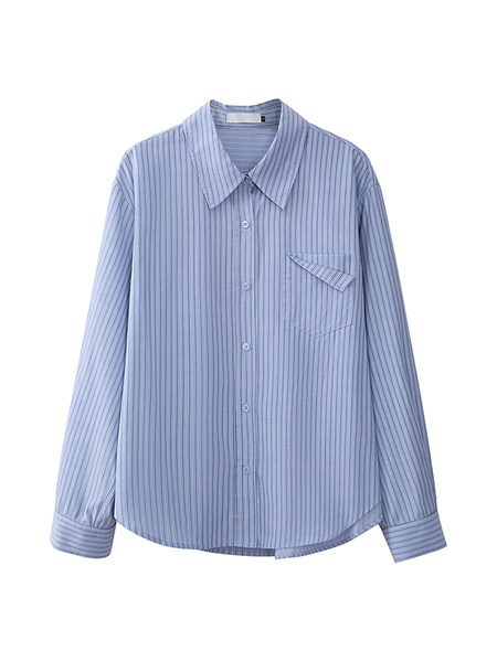 Light blue striped button-up shirt worn by a model