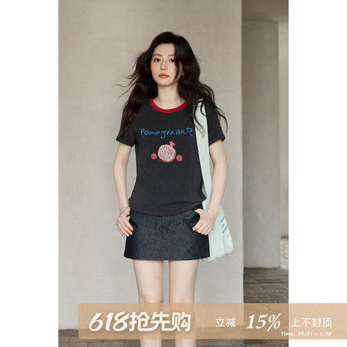 夕蒙2026新款夏季韩系独特好看上衣撞色印花圆领修身正肩短袖t恤