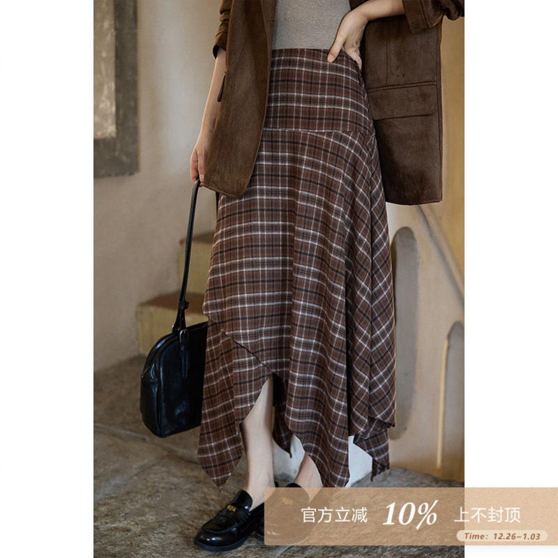 夕蒙2025新款秋韩系气质裙子小众高腰小个子绝美不规则格纹半身裙