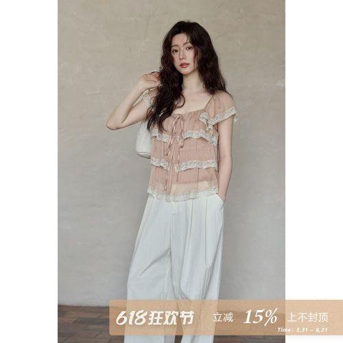 夕蒙2026新款夏季韩系气质好看上衣芭蕾风显瘦方领小飞袖蕾丝小衫