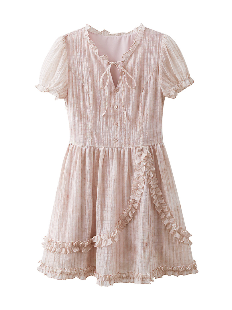 Light pink short-sleeve ruffled dress on a white background